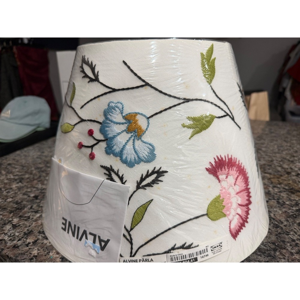 IKEA Alvine Parla Embroidered Floral Lampshade White Blue Pink 15" 801.804.41